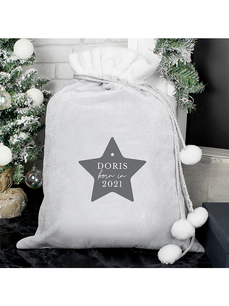 Personalised Born In Luxury Silver Grey Pom Pom Sack Novelties Parties Direct Ltd 9875